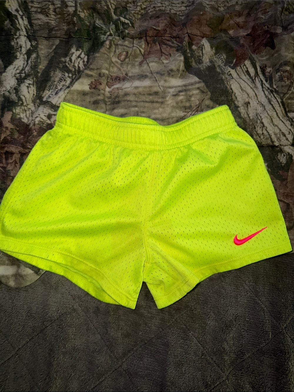 Nike Neon Yellow Girls’ Athletic Mesh Shorts with Pink Swoosh